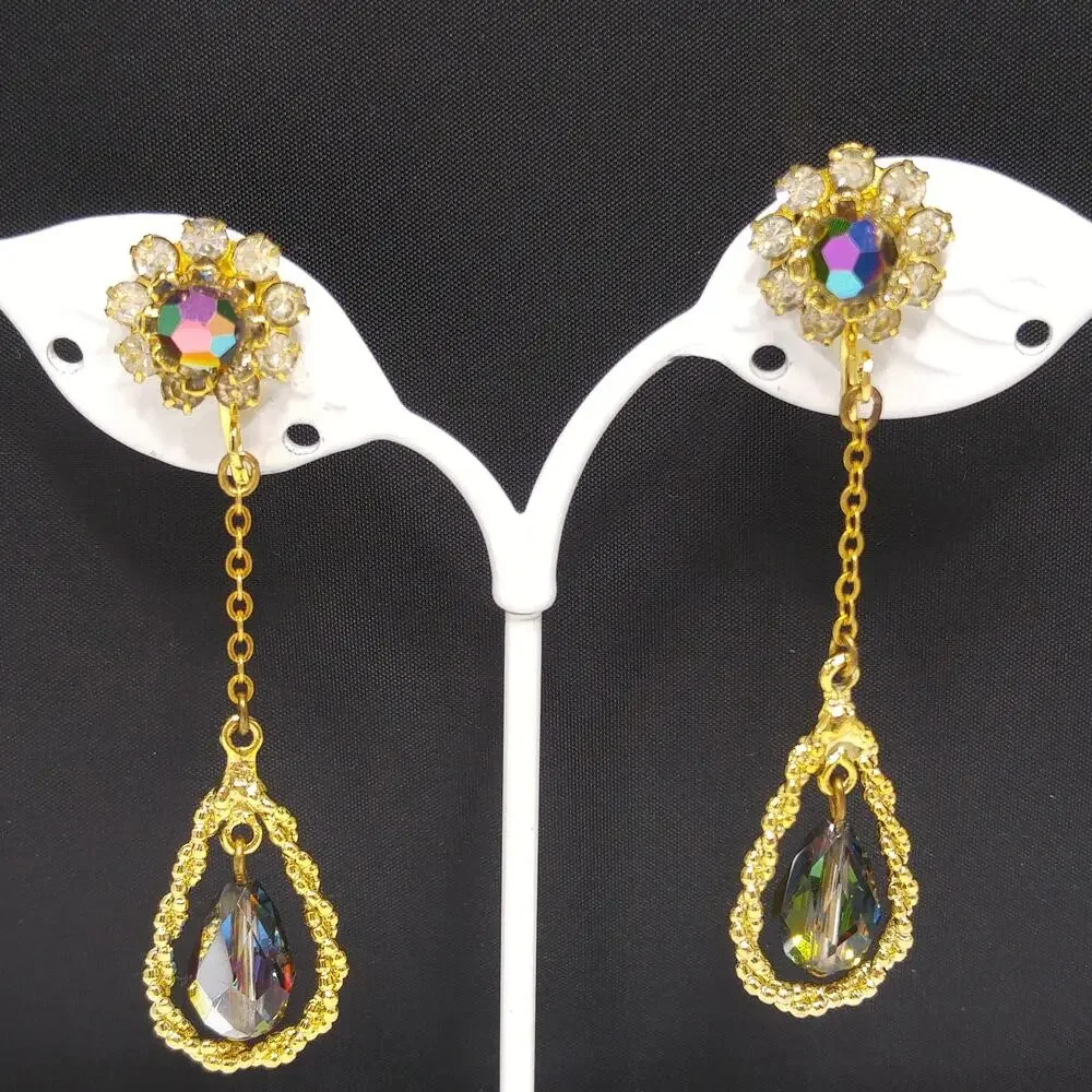 Vintage Czech Peacock Bead Dangle Earrings Floral Rhinestone Gold Tone 1960s